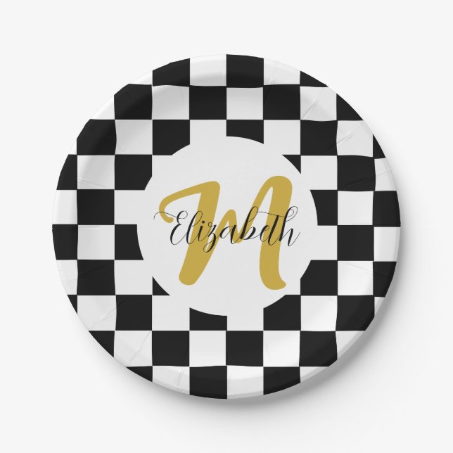 Schwarz-weiße und goldene Eleganästhesie Pappteller (Vorderseite)