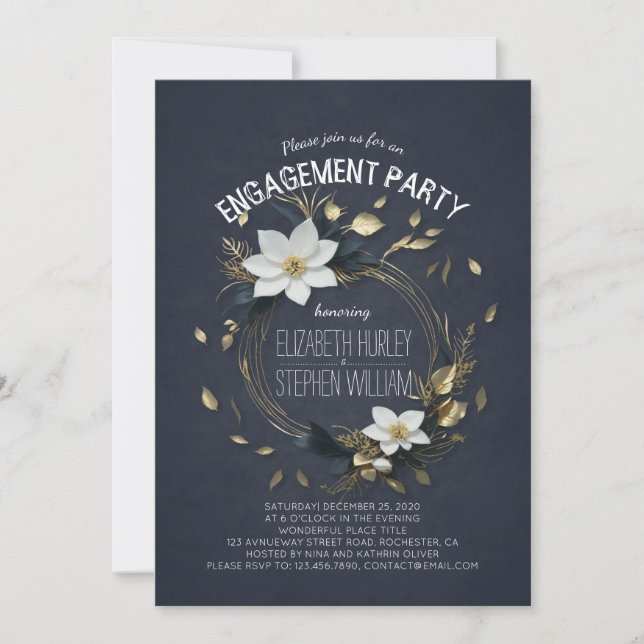 Schwarz-weiße und goldene florale Hochzeitsparty Einladung (Vorderseite)