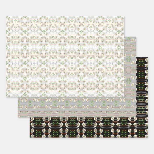 Schwarz-weiße und graue Daisy Floral Gemustert Geschenkpapier Set (Set)