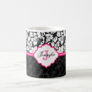 Schwarz-weiße und rosafarbene Vintage BlumenDamask Kaffeetasse