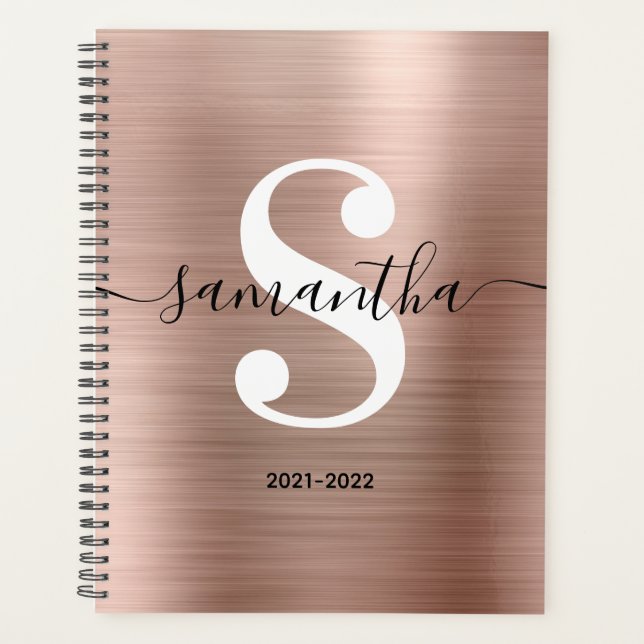 Schwarz-weiße und Rose Gold Moderne Monogram Planer (Vorderseite)