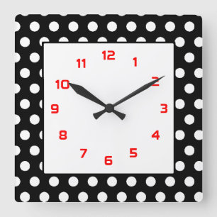 Schwarz-weiße und rote Polka-Punkte Quadratische Wanduhr