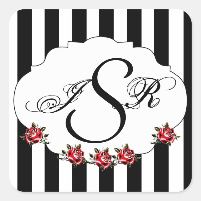 Schwarz-weiße und Rote Rose Wedding Monogram Quadratischer Aufkleber (Vorderseite)