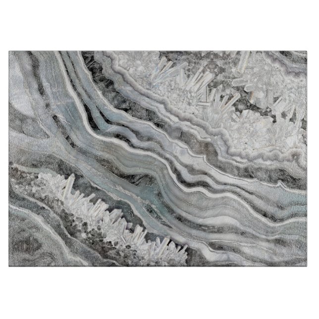 Schwarz-weiße und silberne Geode Digitale Kunst Schneidebrett (Vorderseite)