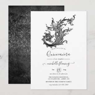 Schwarz-weiße Vintage-Quinceañera Einladung