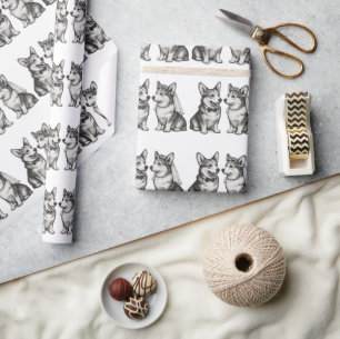 Schwarz-weiße Vintage-whimsical-Corgi-Hochzeit  Geschenkpapier
