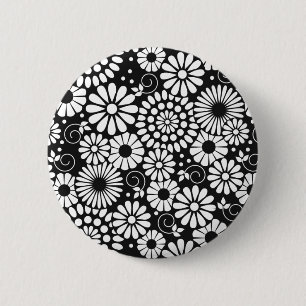 Schwarz-weiße Volkskunst-Blumen Chic Retro-Muster Button