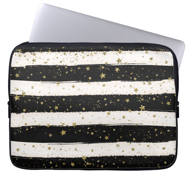Schwarz-weiße Wasserfarben Streifen Gold Glitzer S Laptopschutzhülle (Vorderseite)