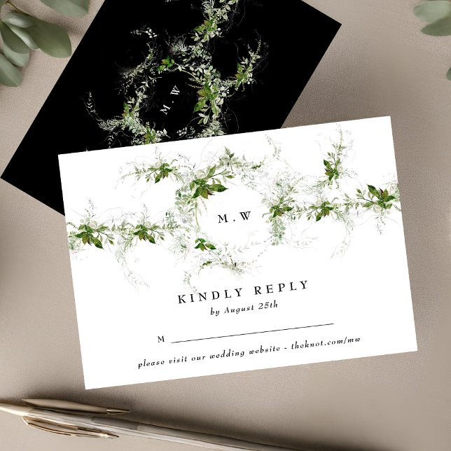 Schwarz-weiße Website | Eukalyptus Monogram Weddin RSVP Karte (Von Creator hochgeladen)