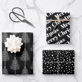 Schwarz, weiße Weihnachten, Bäume, Polka Punkte Ur Geschenkpapier Set