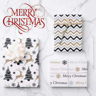 Schwarz-weiße Weihnachten Zickzack 3 Koordinierung Geschenkpapier Set