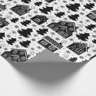 Schwarz-weiße Weihnachtsbaume Schneeflocken Geschenkpapier