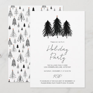 Schwarz-weiße Weihnachtsfeier Pine Trees Einladung