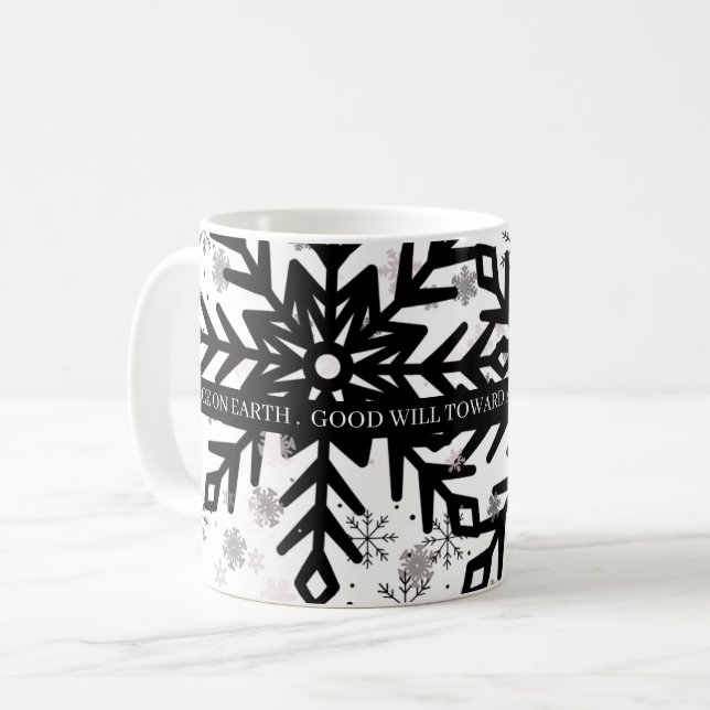Schwarz-weiße Weihnachtstasse mit Spruch Kaffeetasse (Vorderseite Links)
