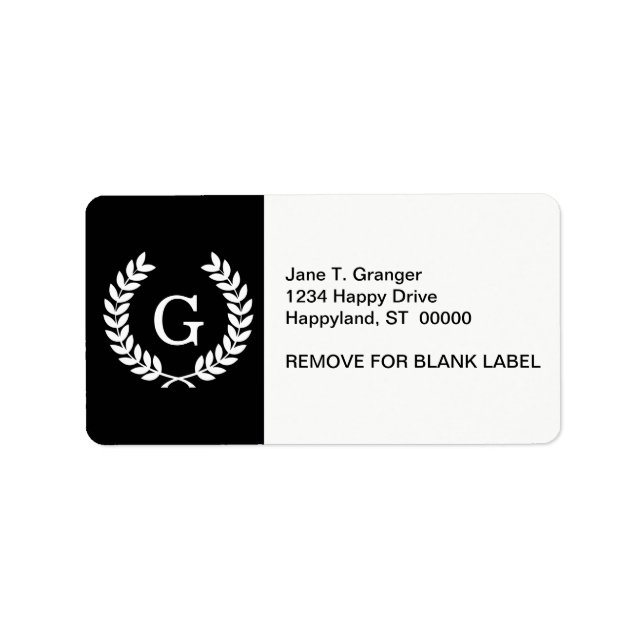 Schwarz-weiße Wheat Laurel Wreath Initial Monogram Adressaufkleber (Vorne)