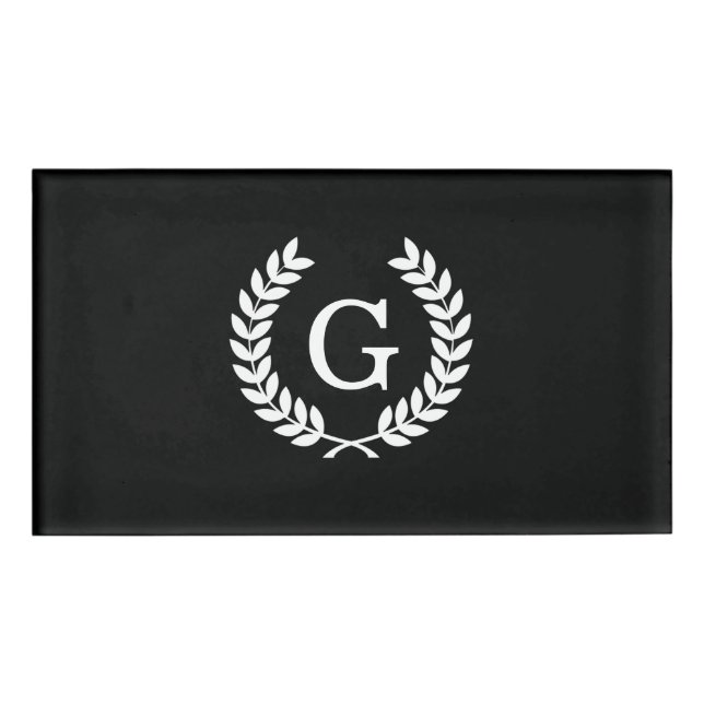 Schwarz-weiße Wheat Laurel Wreath Initial Monogram Namenschild (Vorderseite)