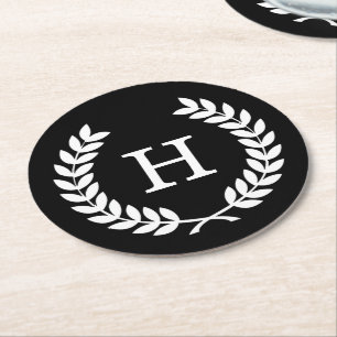 Schwarz-weiße Wheat Laurel Wreath Initial Monogram Runder Pappuntersetzer