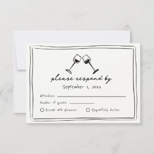 Schwarz-Weiße Whimsical Handgezeichnete Wein-Hochz RSVP Karte