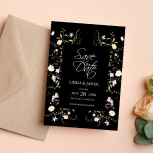 Schwarz-Weiße Wildblumen Hochzeit Save The Date Einladung