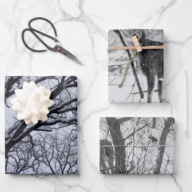 Schwarz-weiße Winterlandschaft Wildwild Geschenkpapier Set (Vorderseite)