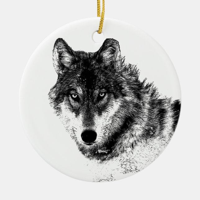 Schwarz-weiße Wolf-Augen Keramik Ornament (Vorne)