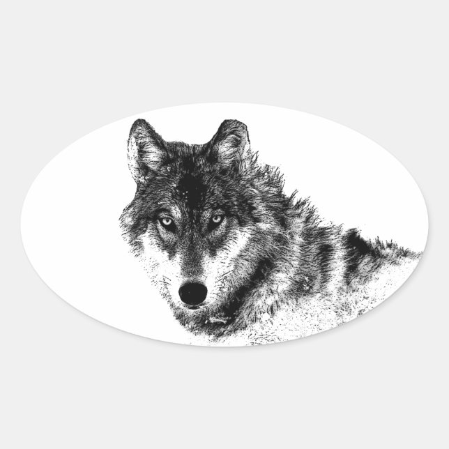 Schwarz-weiße Wolf-Augen Ovaler Aufkleber (Vorderseite)
