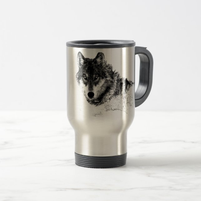 Schwarz-weiße Wolf-Augen Reisebecher (VorderseiteRechts)