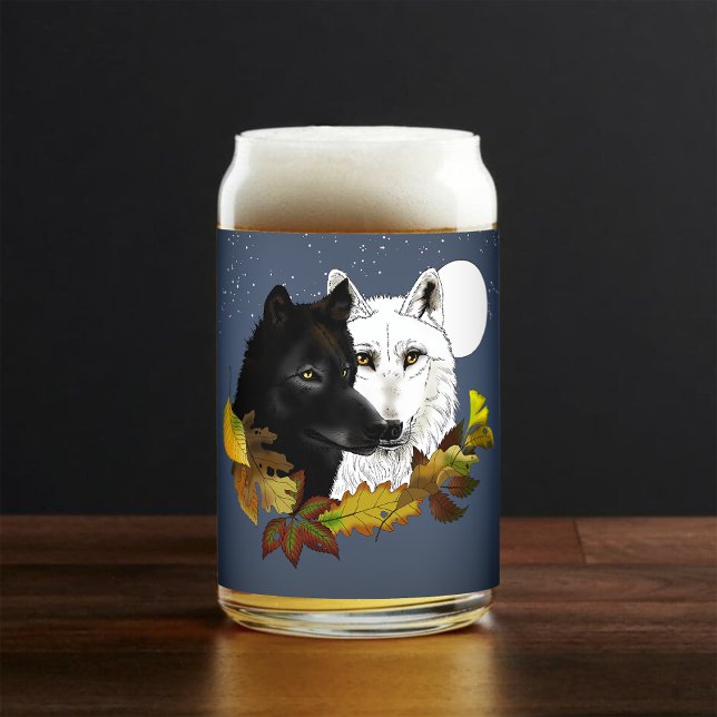 Schwarz Weiße Wölfe Mondlicht Herbstblätter Dosenglas (Von Creator hochgeladen)