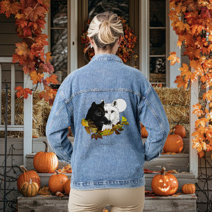 Schwarz Weiße Wölfe Mondlicht Herbstblätter Jeansjacke