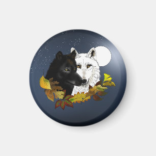 Schwarz Weiße Wölfe Mondlicht Herbstlaub Magnet