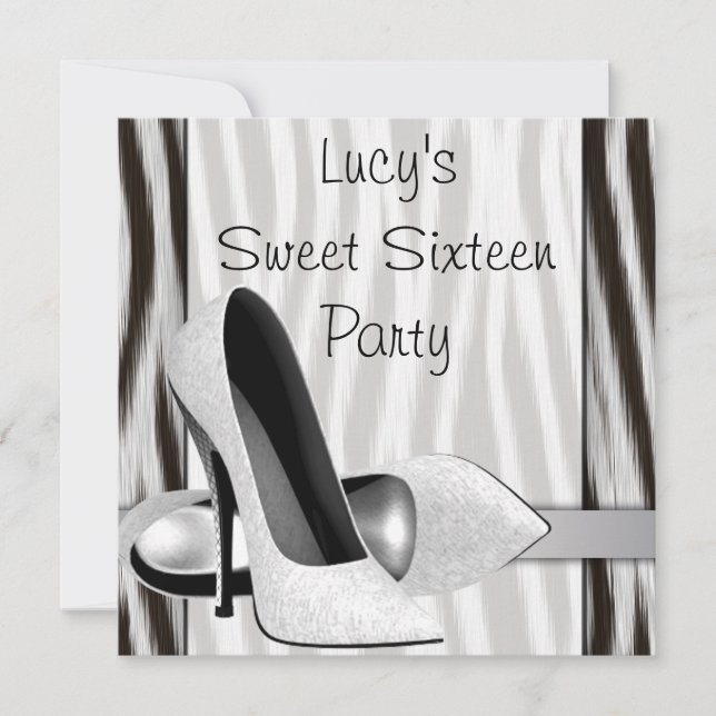 Schwarz-weiße Zebra High Heel Schuhe Sweet 16 Part Einladung (Vorderseite)