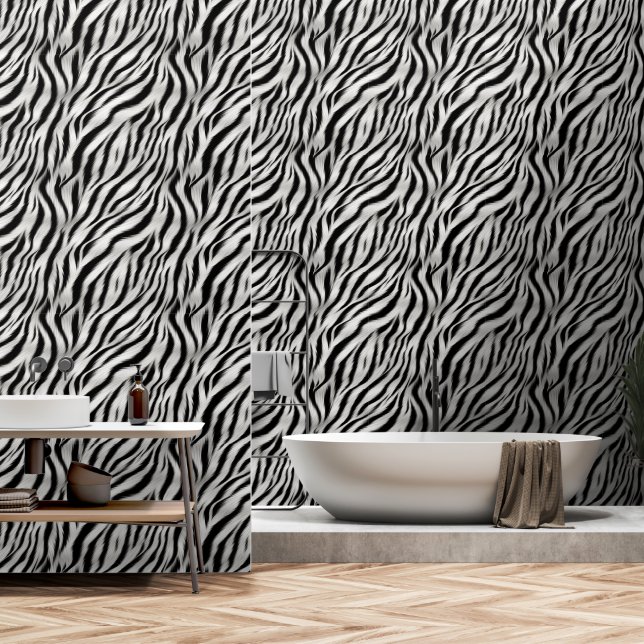 Schwarz-weiße Zebra-Imitate Pelz (Pelzbild) Tapete (Badezimmer)