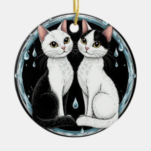 Schwarz-weiße Zwillingskatzen sitzen zusammen Keramik Ornament