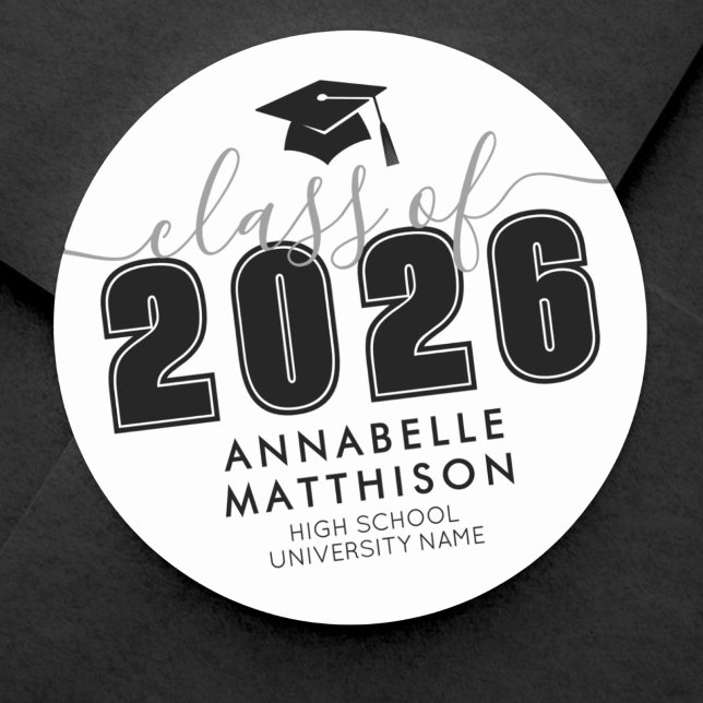 Schwarz-weißer Abschluss Runder Aufkleber (Graduate Black White Graduation Classic Round Sticker)