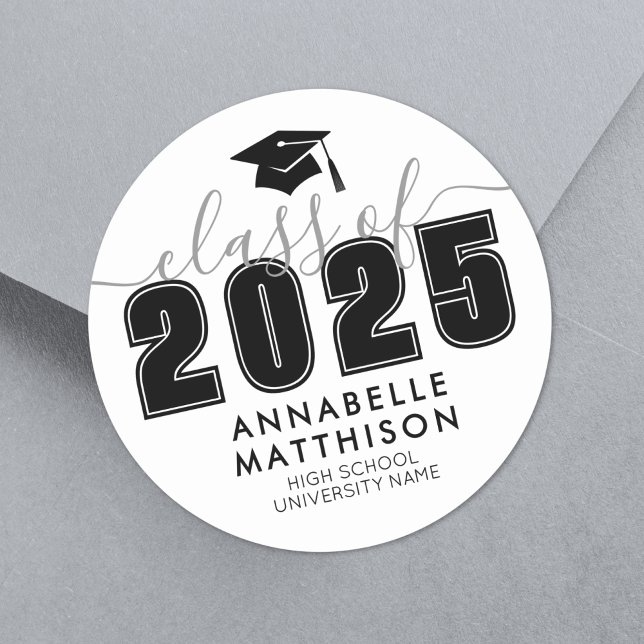 Schwarz-weißer Abschluss Runder Aufkleber (Graduate Black White Graduation Classic Round Sticker)