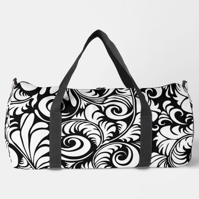 Schwarz-weißer Abstrakter Blumendruck Große Duffta Duffle Bag (Vorderseite)