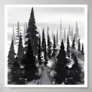 Schwarz-weißer Aquarellwald Poster