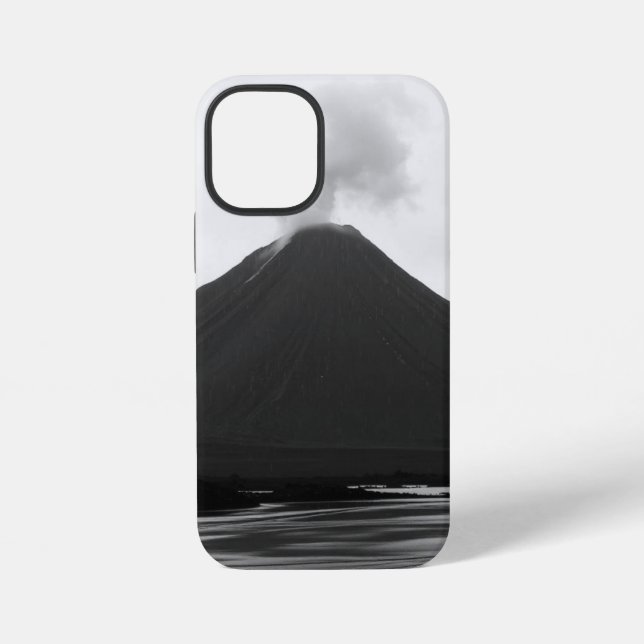 Schwarz-weißer ausbrechender Vulkan iPhone 12 Mini Hülle (Rückseite)
