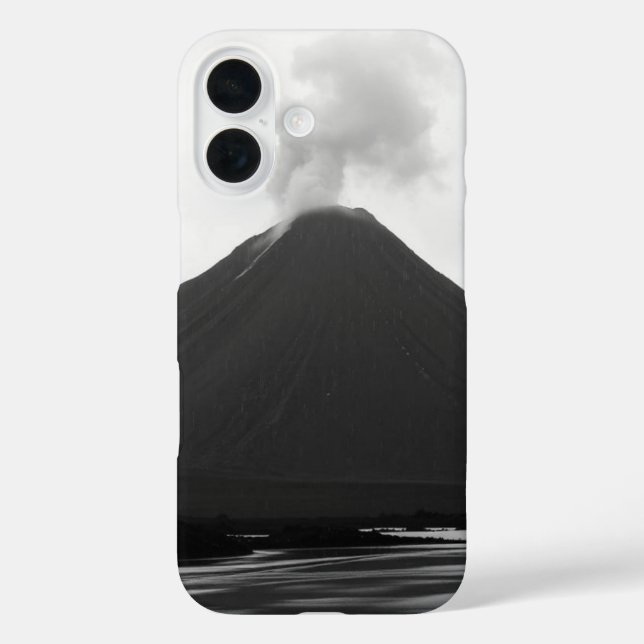 Schwarz-weißer ausbrechender Vulkan iPhone 16 Hülle (Rückseite)