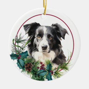 Schwarz Weißer Australischer Schäferhund Immergrün Keramik Ornament