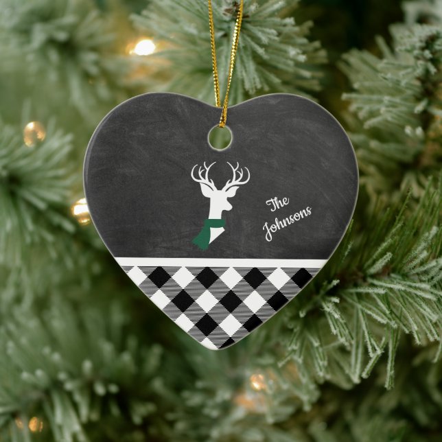 Schwarz-weißer Bauernhof, Karierter Hirschhaubenna Keramik Ornament (Baum)