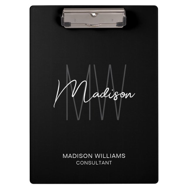 Schwarz-weißer Berater für moderne Monogram-Logos Klemmbrett (Vorderseite)
