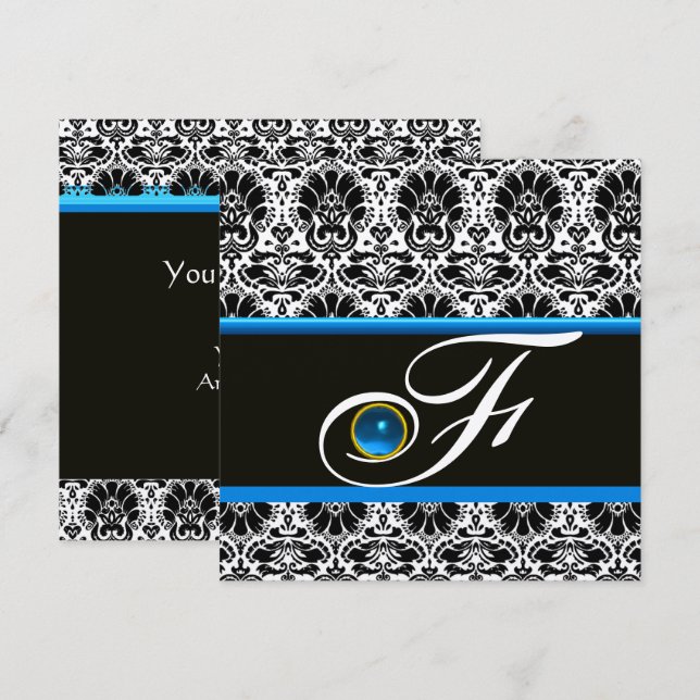 SCHWARZ-WEISSER BLUE DAMASK MONOGRAM Saphire Silve Einladung (Vorne/Hinten)