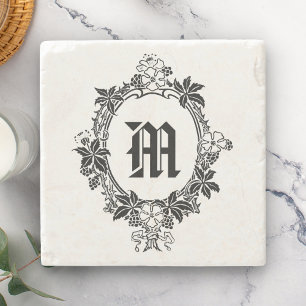 Schwarz-weißer Blumenrand mit Monogramm Steinuntersetzer