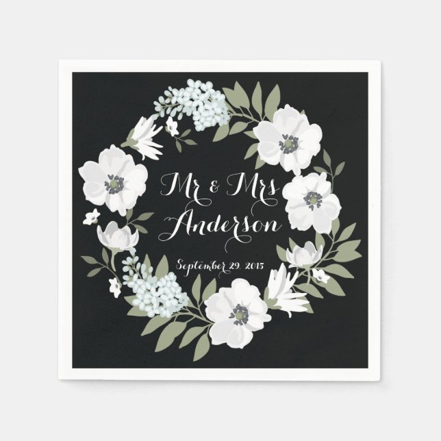 Schwarz-weißer Blumenreath Wedding Napkin Serviette (Vorderseite)