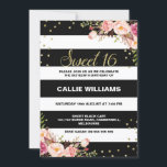 Schwarz-weißer Blumenzauber, 16. Geburtstag Einlad Einladung<br><div class="desc">Sie suchen eine kühne sechzehnte oder süße 16 Geburtstagseinladung? Dieses Design ist mit einem weißen und schwarzen Streifen Muster ein Imitat Gold in zwei blumigen Arrangements und einige Goldpunkte. Die Rückseite der Einladung ist schwarz mit einem Imitat Gold Pot Muster. Dieses Design ist eine sehr eindrucksvolle Art, Ihre Gäste zu...</div>
