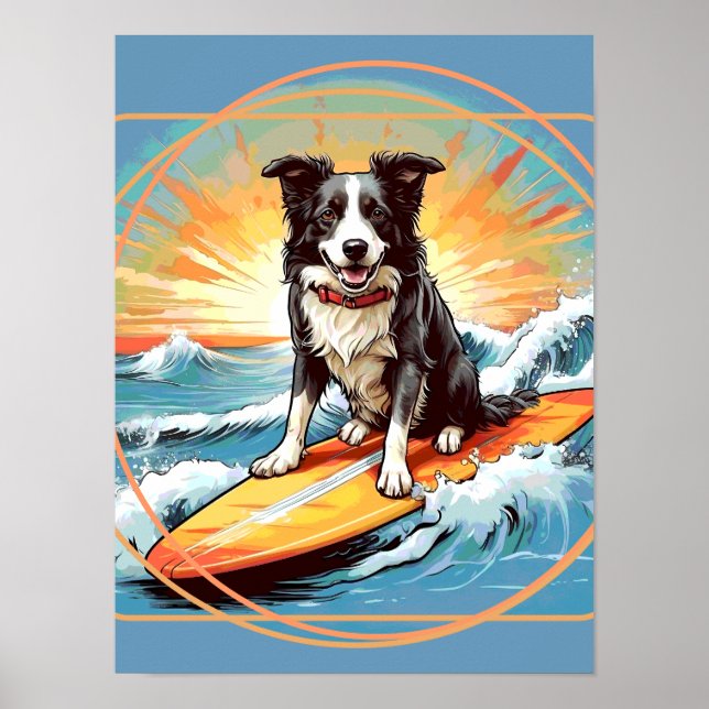 Schwarz-weißer Border Collie beim Surfen Poster (Vorne)