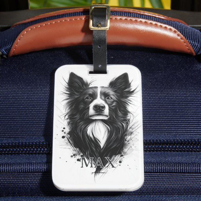 Schwarz-weißer Border Collie Gepäckanhänger (Vorderseite Insitu 2)