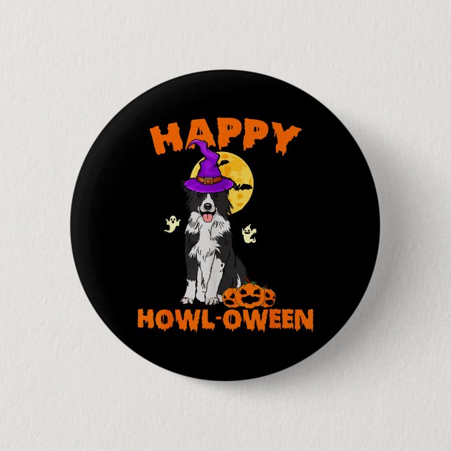 Schwarz-weißer Border Collie-Hexen-Hund glücklich Button (Vorderseite)
