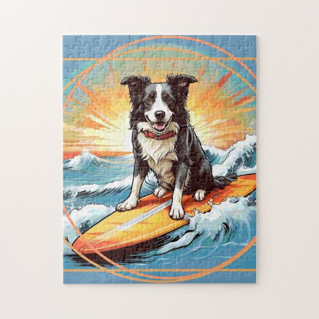 Schwarz-weißer Border Collie surft (Vertikal)